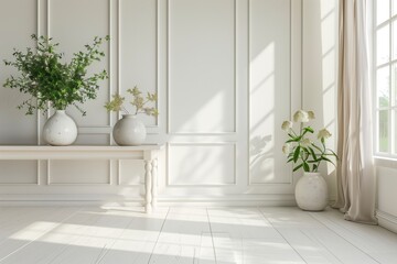 Poster - A white room with a large window and two white vases with flowers in them. The room is very clean and bright, giving off a feeling of calm and serenity. AI generated.