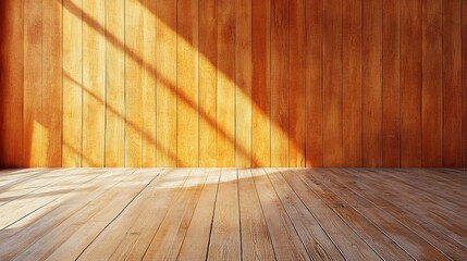 Poster - Wooden interior with diagonal sunlight creating shadows on the floor and wall Copy Space.