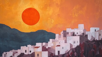 Poster - Sunset over traditional white buildings on hillside with orange sky and large sun in background Copy Space