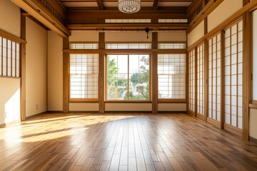 Poster - A large, empty room with wooden floors and a large window. The room is very open and spacious, with a lot of natural light coming in through the window. The room has a minimalist design. AI generated.