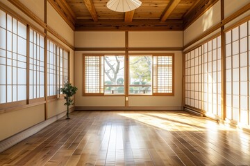 Poster - A large room with a lot of windows and a plant in the corner. The room is empty and has a lot of natural light coming in from the windows. AI generated.