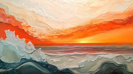 Poster - abstract ocean sunset painting with textured waves and vibrant colors including orange, blue, and wh