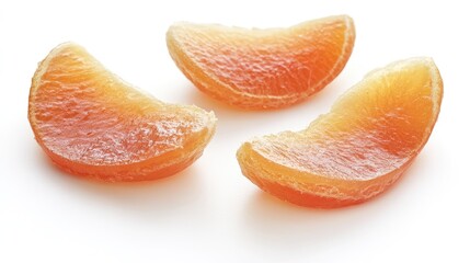 Poster - Sliced citrus fruit candy pieces on a white background with copy space for text.