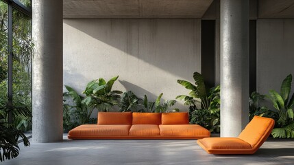 Poster - Modern interior scene featuring an orange sofa and chaise lounge against a concrete wall with greenery Copy Space