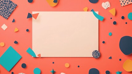 Poster - Colorful geometric shapes and textured paper pieces on coral background with empty cream-colored paper and ample copy space