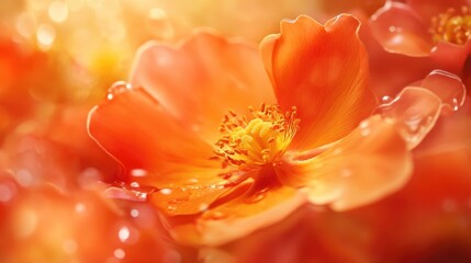 Poster - Orange flower in soft focus with water droplets showcasing delicate petals and vibrant colors Copy Space