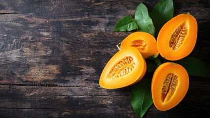 Poster - Sliced ripe cantaloupe melon on wooden background with green leaves and copy space for text