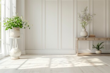 Fototapete - A white room with a large window and a white wall. A vase with flowers sits on a table. AI generated.