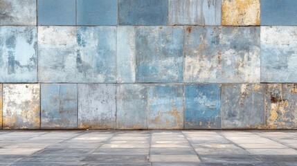 Poster - Textured rustic blue metal wall with weathered paint and rust spots, suitable for backgrounds and Copy Space.