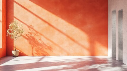 Poster - Empty interior space with orange textured walls and a single potted plant casting shadows during daylight Copy Space
