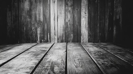 Poster - Wooden texture background with dark tones and Copy Space for design, showcasing weathered planks and floor in monochrome style.