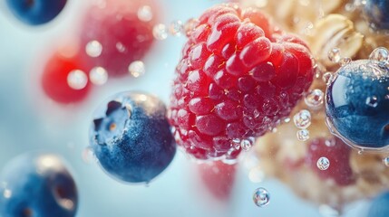 Poster - Fresh raspberries and blueberries submerged in water with bubbles on a light background Copy Space