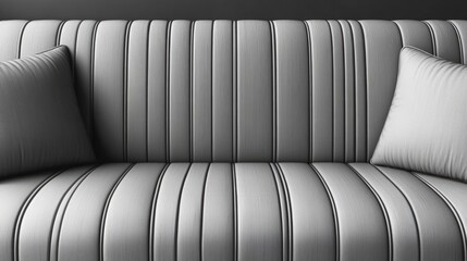 Poster - Modern striped upholstery sofa with decorative cushions on a minimalist background Copy Space