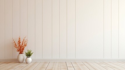 Aufkleber - A white room with a white wall and a white floor. A vase with flowers sits on the floor. AI generated.