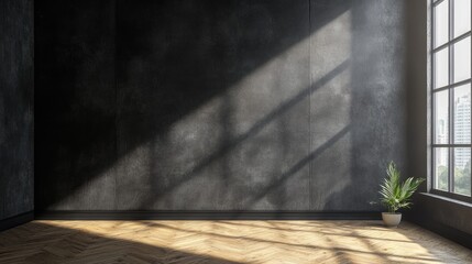 Poster - Empty room interior with sunlight casting shadows on dark textured wall and potted plant by window Copy Space
