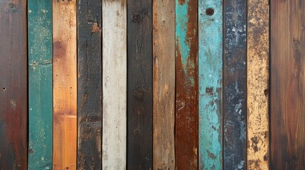 Poster - Wooden planks background with various colors and textures including teal, brown, and metallic accents with Copy Space.