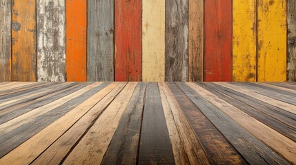 Poster - Colorful rustic wooden wall and floor with vertical planks and natural textures suitable for design and background with copy space