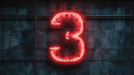 Poster - Neon light number three on a distressed concrete wall background with Copy Space for text placement