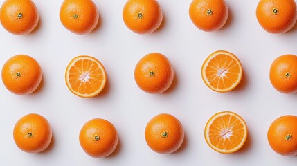 Poster - Fresh oranges arranged in a grid pattern with whole and halved oranges on a white background Copy Space