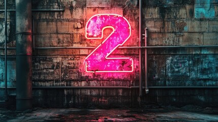 Poster - Neon number two illuminated on grungy wall with industrial pipes and textured background Copy Space