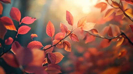 Poster - Colorful autumn leaves on branches with warm sunlight filtering through a forest background featuring soft bokeh and copy space.