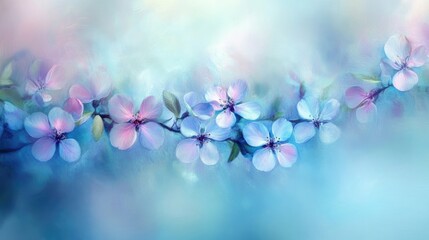 Poster - soft focus floral background with light pink and blue flowers surrounded by a dreamy blue gradient, 