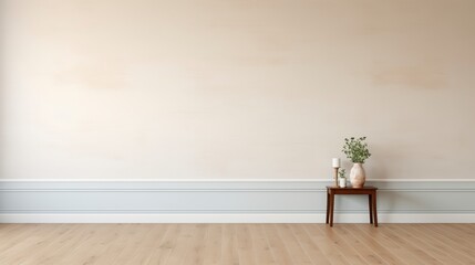 Aufkleber - A white room with a wooden table and a vase of flowers on it. The room is empty and has a minimalist feel. AI generated.