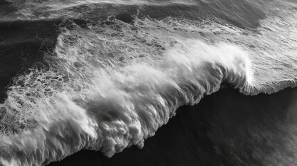 Poster - Black and White Aerial View of Ocean Waves Crashing onto Dark Shoreline with Copy Space for Text