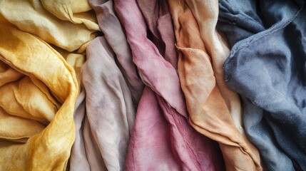 Poster - Textured fabric drapes in various colors including yellow, beige, pink, and blue with natural lighting and soft folds Copy Space