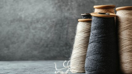 Poster - Spools of thread in various colors arranged on a textured surface with copy space for design purposes