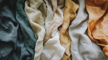 Poster - Colorful linen fabric texture in horizontal arrangement with soft folds and copy space for design elements.