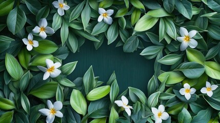 Poster - green leaves and white flowers arranged in a circular frame on a dark background with ample copy spa