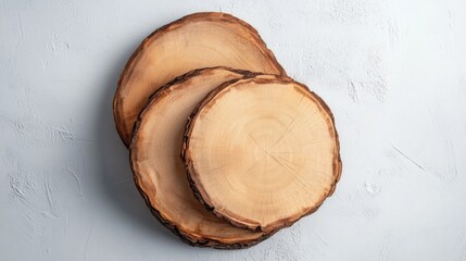 Poster - Wooden tree stump slices arranged on a light textured background with natural edges and copy space for text