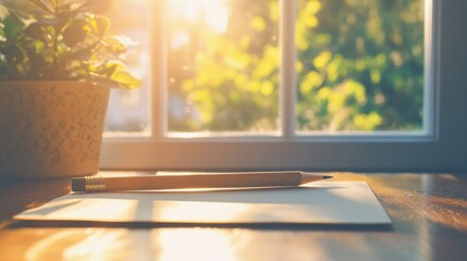Poster - Cozy indoor workspace with sunlight streaming through window illuminating a blank sheet of paper and a pencil on wooden table with potted plant