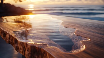 Poster - Wooden table with water pooling on surface during sunset by the ocean Copy Space