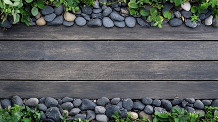 Poster - Wooden deck surrounded by smooth stones and green foliage with ample Copy Space for text placement