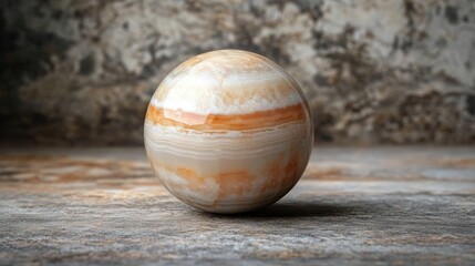 Poster - Marble sphere with beige and orange stripes on textured stone background with copy space for text.