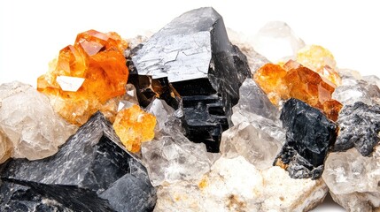 Poster - Natural mineral rock formation with black and orange crystalline structures on a white background Copy Space