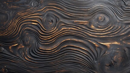 Poster - Textured black wood surface with distinct grain patterns and rich details natural lighting Copy Space