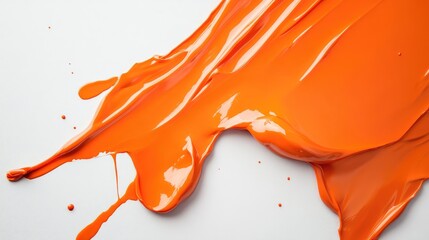 Poster - Bright orange paint flowing on white surface with splashes and drips Copy Space