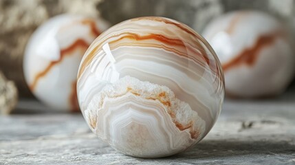 Poster - marble texture spheres with delicate orange and white bands on a textured stone surface copy space