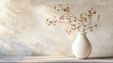 Poster - minimalistic still life composition featuring a white ceramic vase with delicate branches and flower