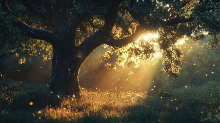 Poster - Sunlight filtering through the branches of an oak tree in a serene meadow at sunrise creating a warm and tranquil atmosphere Copy Space