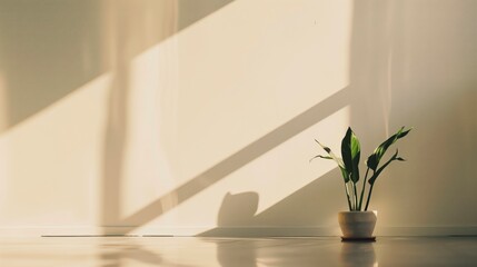 Aufkleber - A potted plant sits in front of a window, casting a shadow on the floor. The plant is a small palm tree, and the sunlight shining on it creates a warm and inviting atmosphere. AI generated.