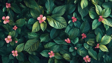 Poster - floral background of green leaves and pink flowers with copy space for text placement suitable for v