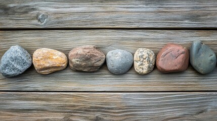 Poster - various stones arranged in a row on a weathered wooden surface with copy space for text placement.