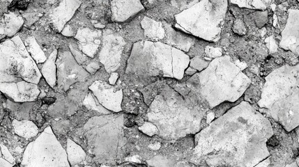 Poster - Cracked textured surface of stones and soil in black and white with rough edges and irregular shapes featuring Copy Space