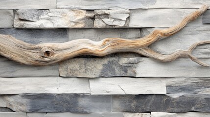 Poster - natural wood branch positioned against a textured stone wall background with horizontal panels and c