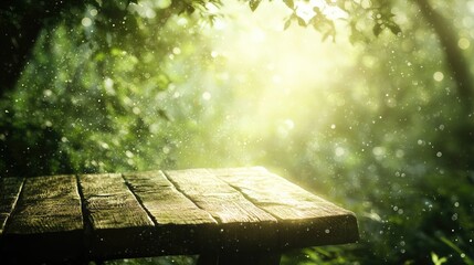 Poster - Wooden table with sun rays and soft bokeh in a lush green forest with Copy Space for text placement