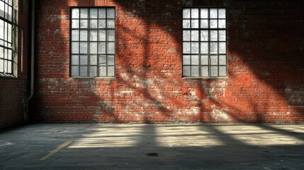 Poster - Empty industrial space with red brick walls, large windows casting shadows, and concrete floor with copy space.